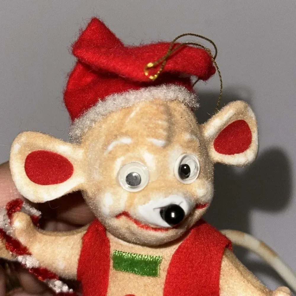 Vintage Flocked Plastic Mouse Christmas Tree Ornament/ Red Outfit & Candy Cane‎
